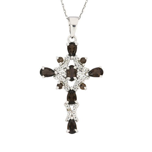 BUY NATURAL SMOKY GEMSTONE CROSS PENDANT IN 925 SILVER